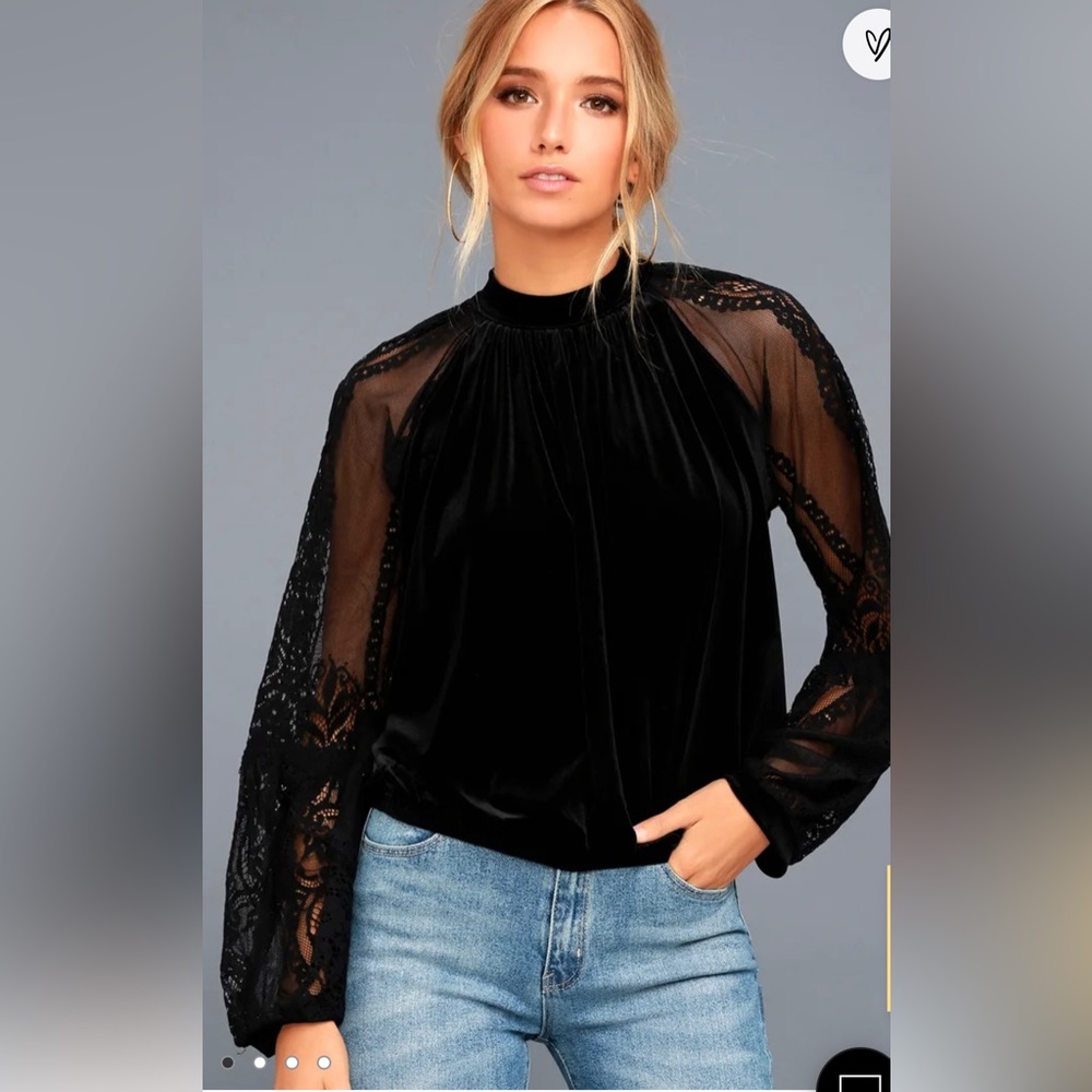 Free People Dream Team Black Velvet and Lace Long Sleeve Top